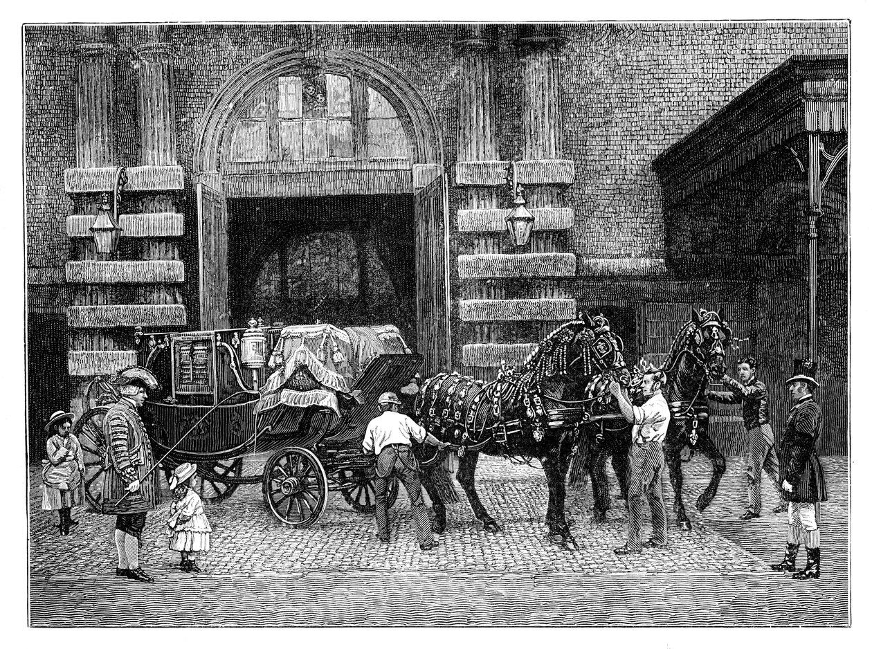 Het Aanspannen van de Zwarte Paarden bij de Koninklijke Stallen, Buckingham Palace, Londen door Unbekannt