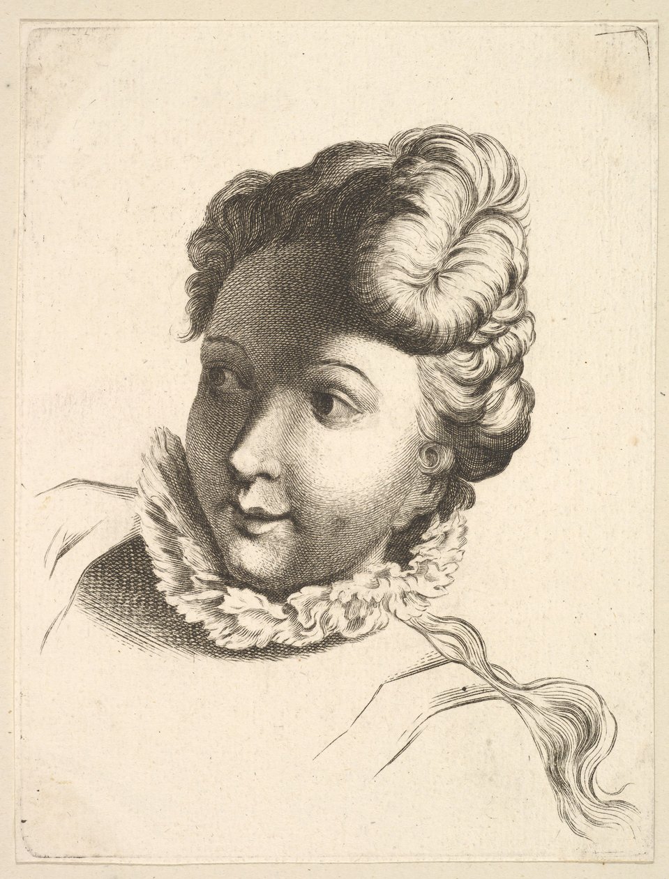 Hoofd van een vrouw met een kraag, uit Livre de Têtes Gravées d