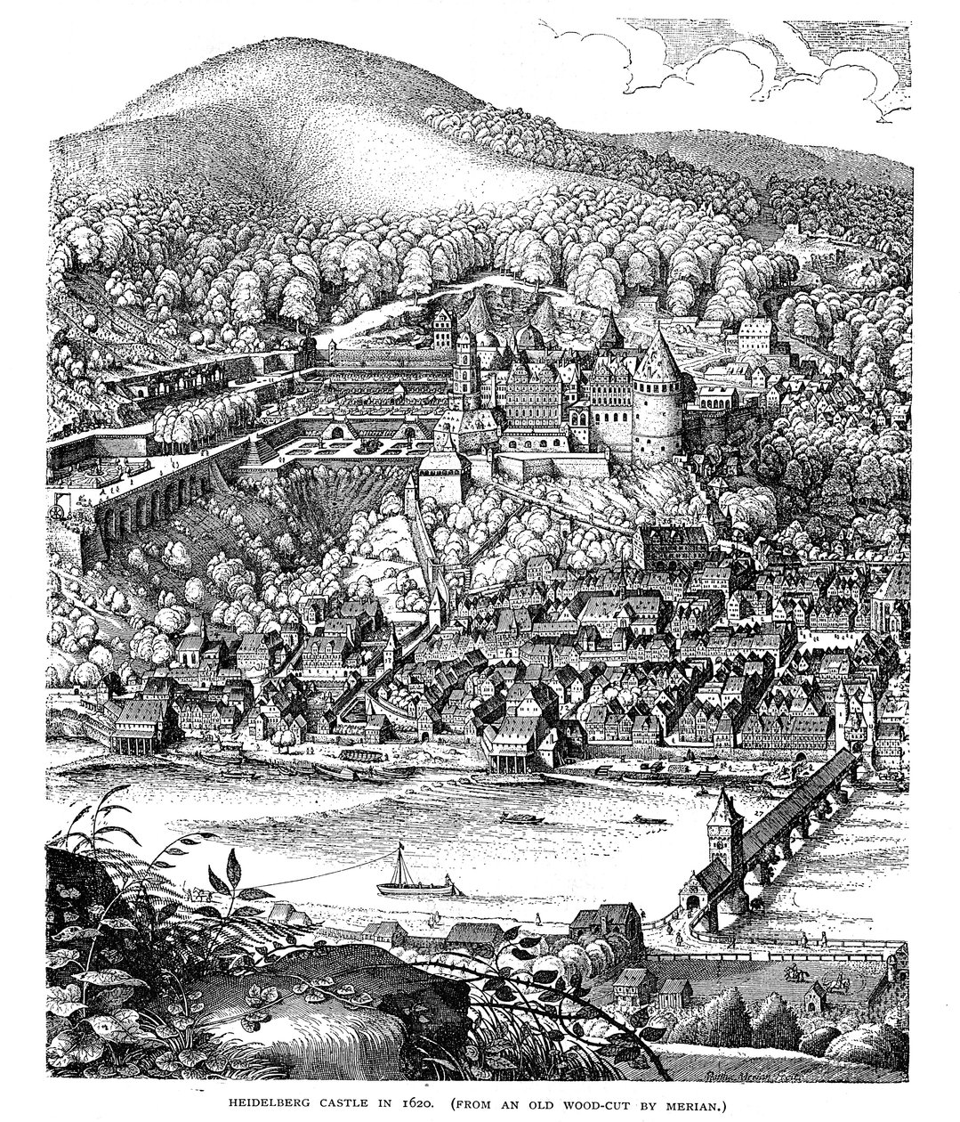 Kasteel Heidelberg en stad gezien over de Neckar rivier, Duitsland, 1620 door Unbekannt