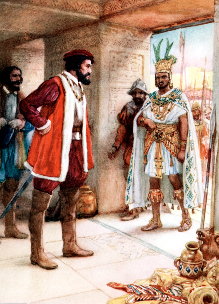 Hernan Cortes ontmoet de Azteekse keizer Montezuma door Unbekannt