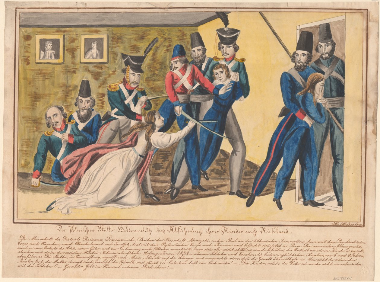 Heldhaftigheid van de Poolse moeders tijdens het begeleiden van hun kinderen naar Rusland, 1832 door Unbekannt