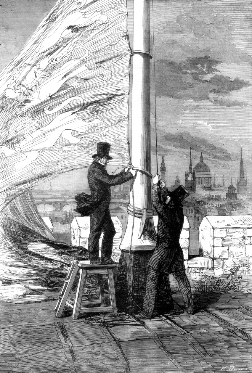 Het hijsen van de Koninklijke Standaard bij de Tower of London door Unbekannt