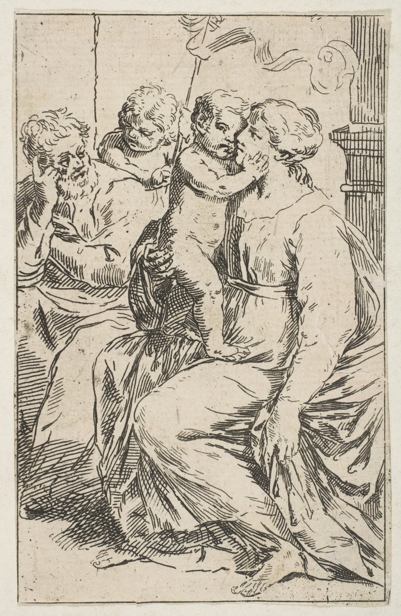 Heilige Familie met Sint Johannes de Doper, kopie in spiegelbeeld naar Cantarini door Unbekannt
