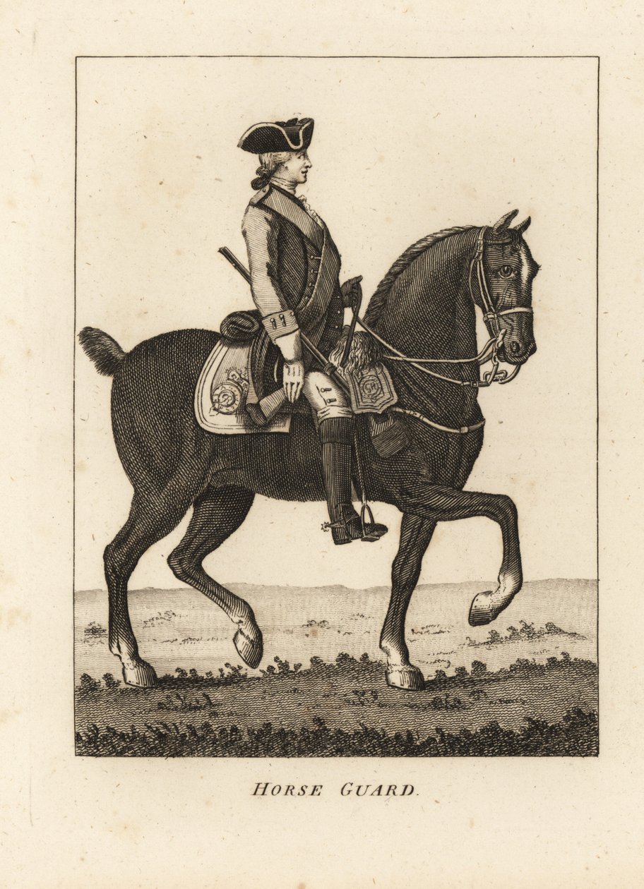 Paardenwacht, in militair uniform met steek, musket door Unbekannt