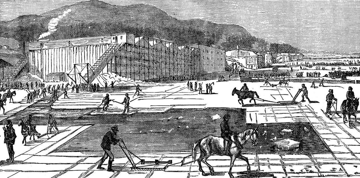 Ijs verzamelen op de Hudson River nabij New York, VS, 1875 door Unbekannt