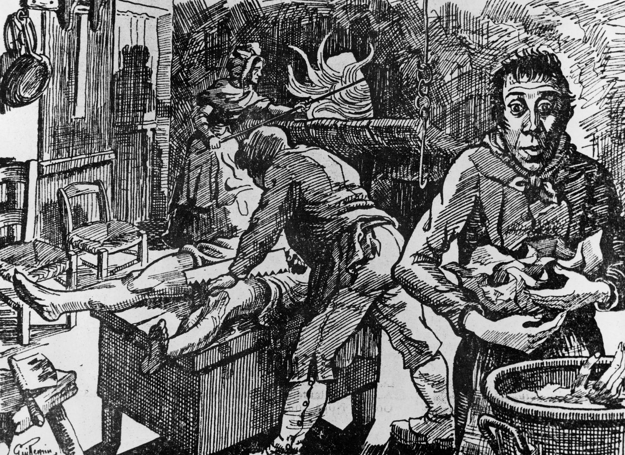 In Ardèche (Frankrijk), herberg Peyrebeille genaamd de rode herberg, beroemd door de misdaden gepleegd van 1807 tot 1833, hier, na het in stukken snijden van hun slachtoffers, stoppen de Martins en hun dienaar Jean Rochette hen in de oven, gravure door Unbekannt