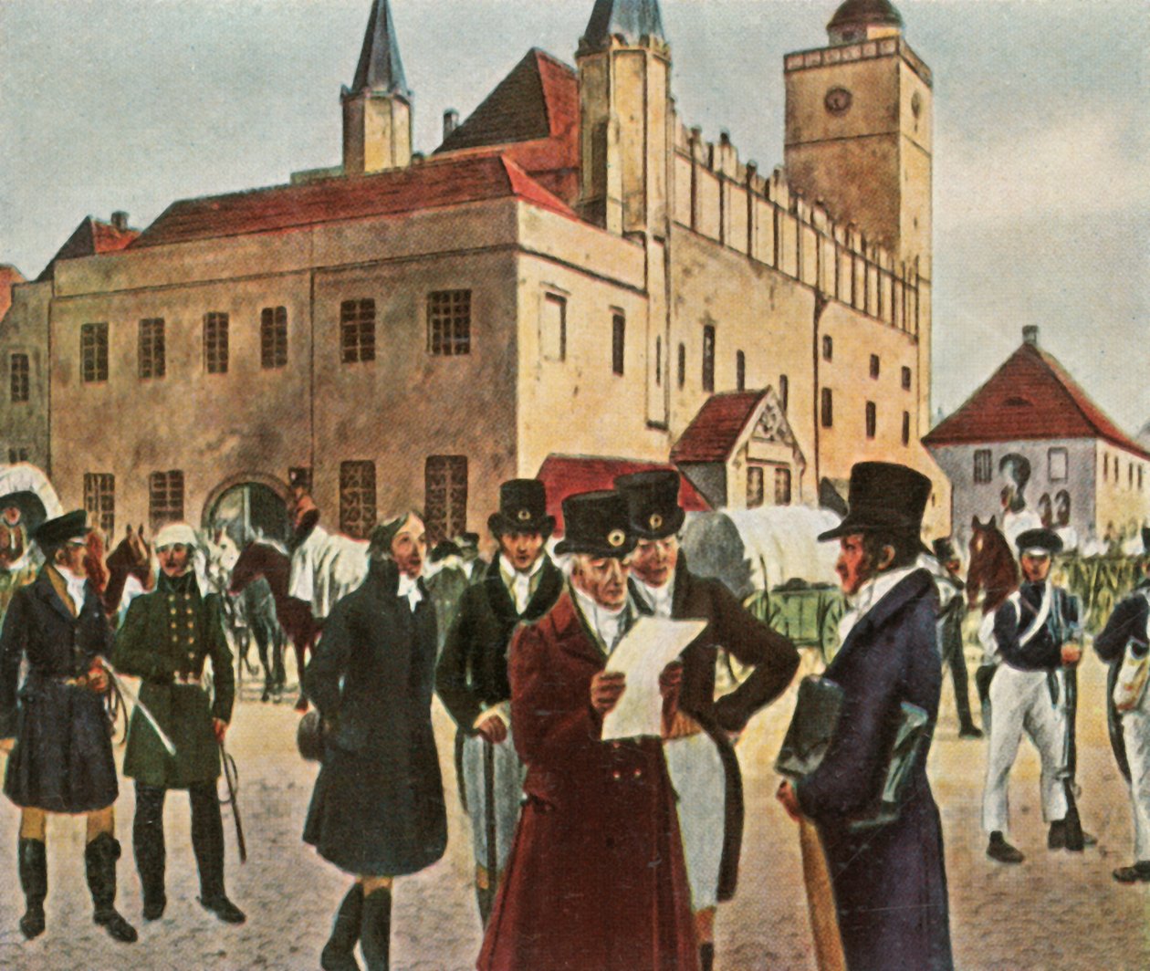 Voor het stadhuis van Reichenbach in Silezië tijdens het staakt-het-vuren, 1813, 1936 door Unbekannt