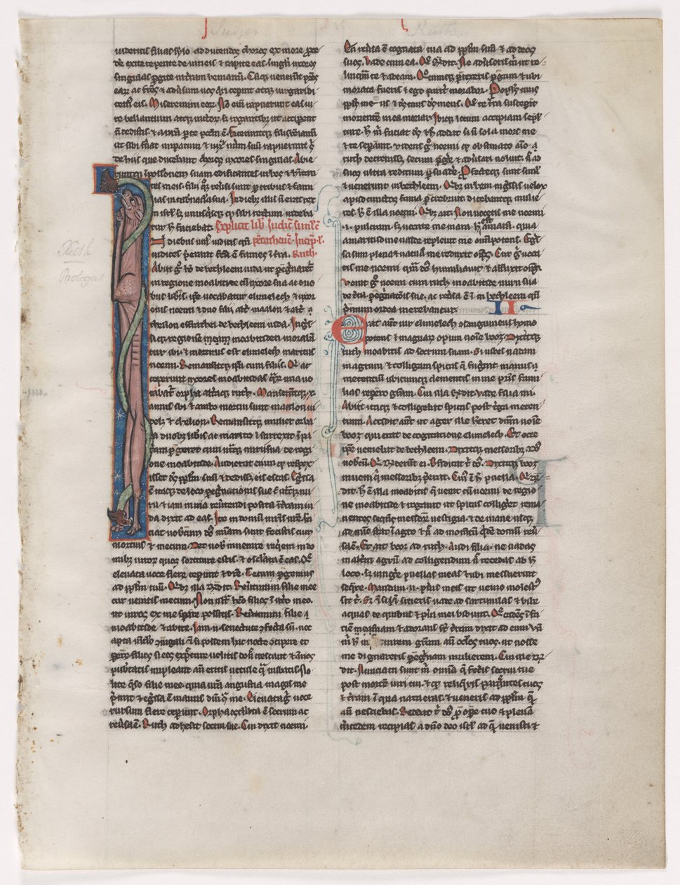 Initiaal I: Verstrengelde beest en slang: Blad uit een Bijbel 2 van 2 uitgesneden bladeren, c. 1225-1250 door Unbekannt