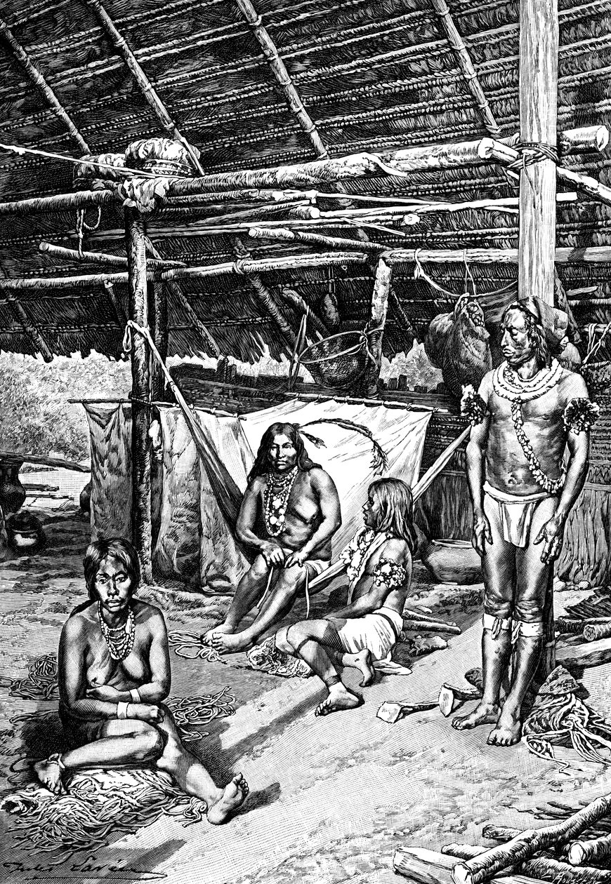 Binnen in een Ticuna hut, Zuid-Amerika, 1895 door Unbekannt