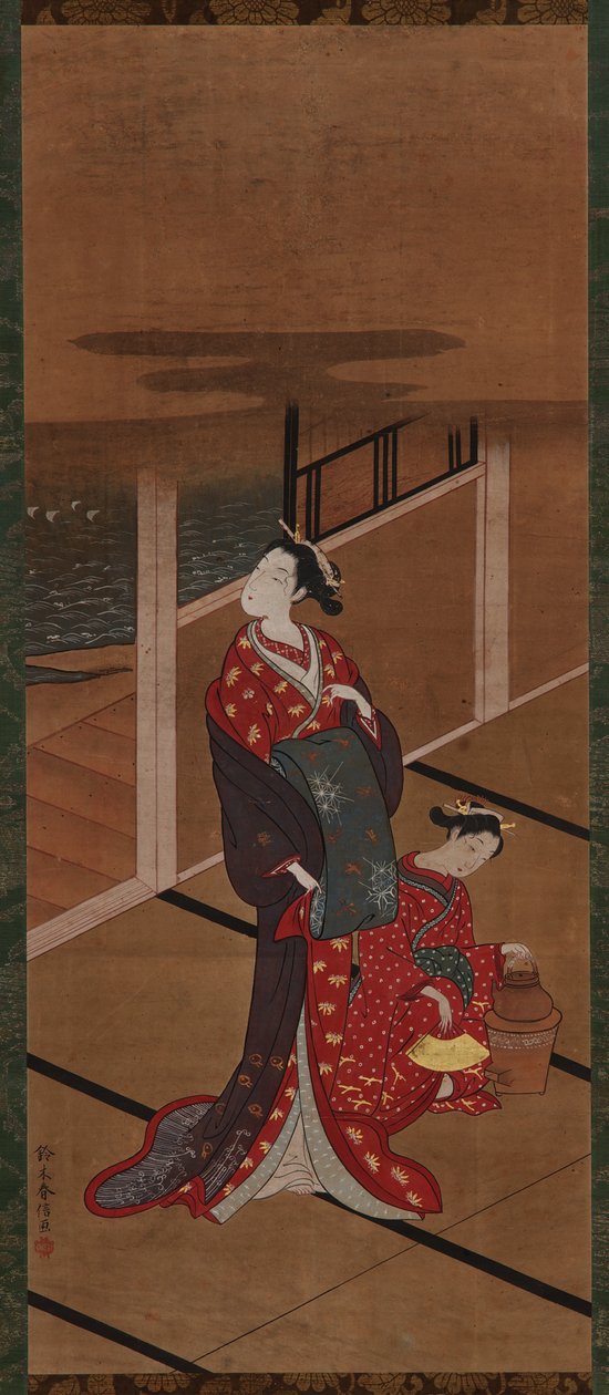 Interieur: Een Yujo en een bediende die water verwarmen, Edo-periode, 1615-1868 door Unbekannt