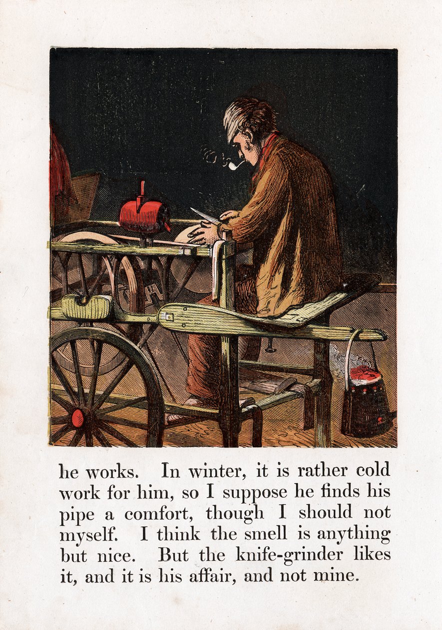 Rondreizende messenslijper die een mes slijpt door een slijpsteen met een pedaal te draaien, ca. 1867 door Unbekannt