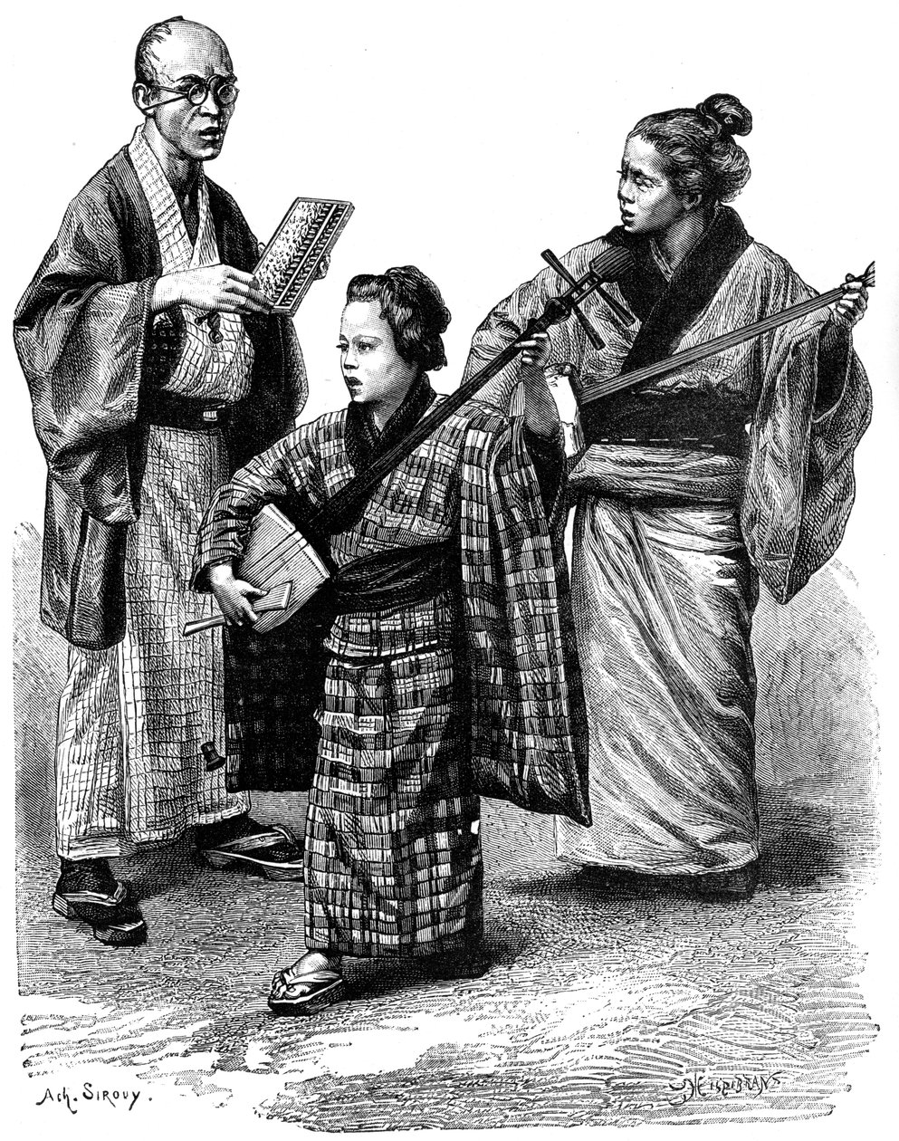 Japanse muzikanten en een handelaar, 1895 door Unbekannt