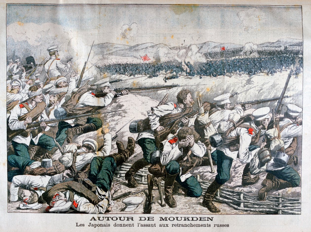 Japanse troepen vallen Russische loopgraven aan, Mukden, Mantsjoerije, oktober 1904 door Unbekannt