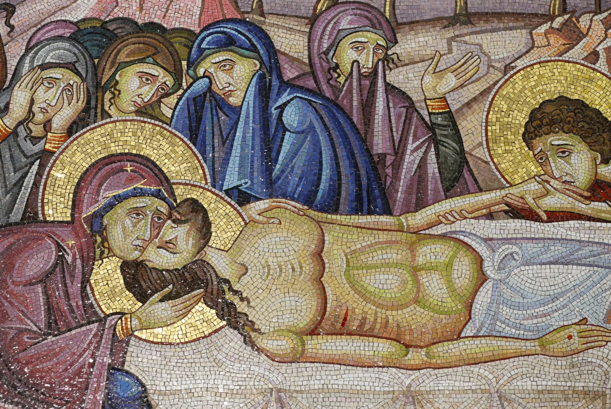 Jezus gelegd in het nieuwe graf van Jozef van Arimathea, detail van mozaïekkunst die de begrafenis van Jezus Christus afbeeldt, Heilig Grafkerk, Jeruzalem, Israël door Unbekannt