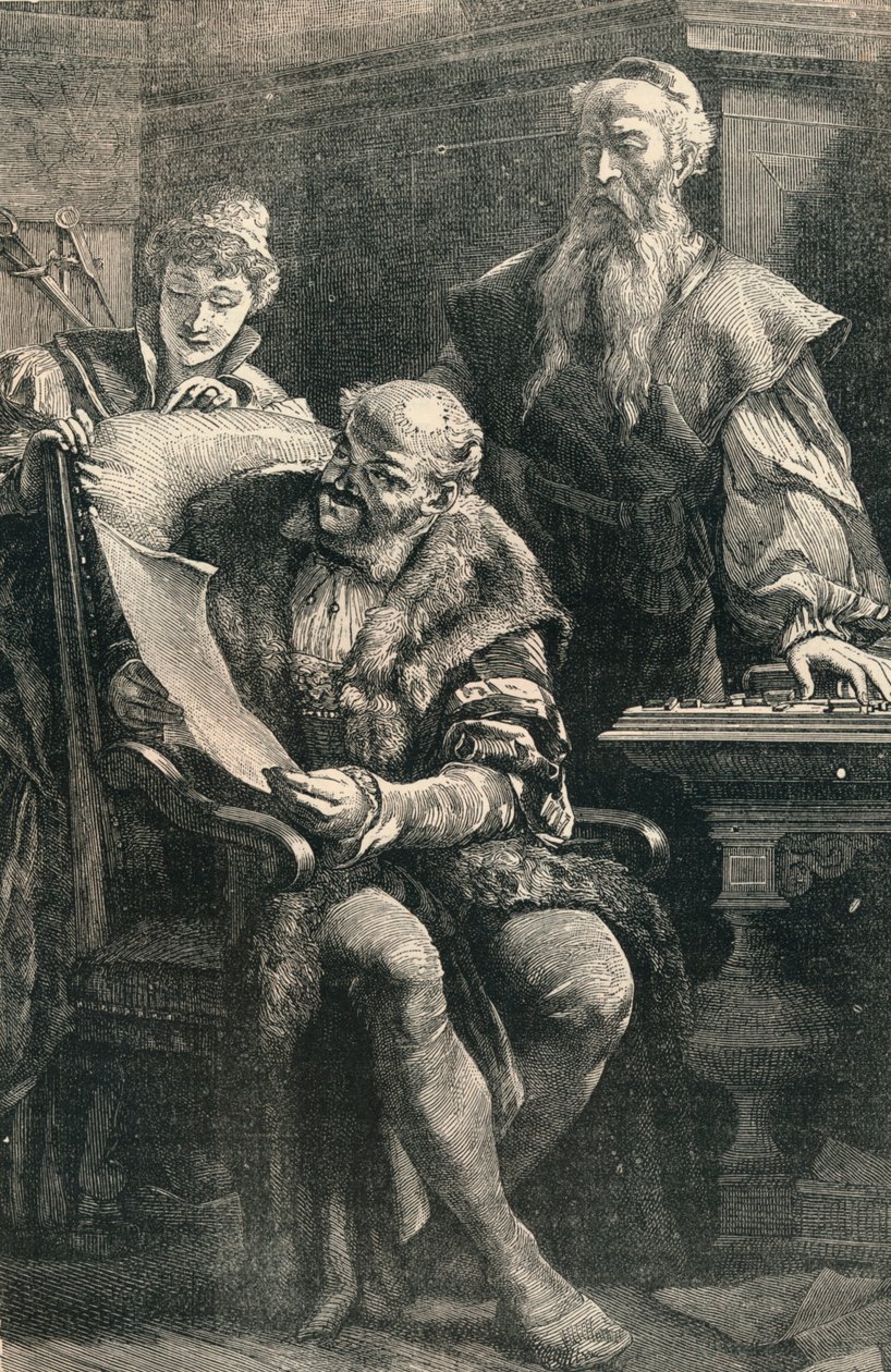 Johannes Gutenberg toont een deel van het eerste gedrukte boek aan Faust, 14e eeuw, ca. 1910 door Unbekannt