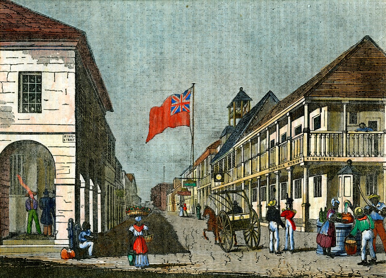 Kruising van Harbour Street en King Street, Kingston, Jamaica, ca. 1835 door Unbekannt
