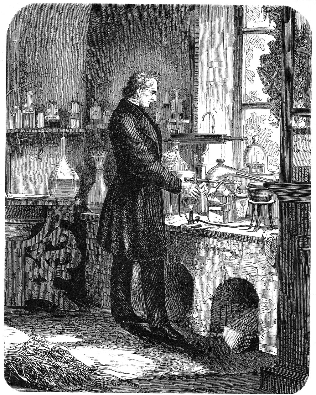 Justus von Liebig, Duitse chemicus, aan het werk in zijn laboratorium, midden 19e eeuw, ca. 1885 door Unbekannt