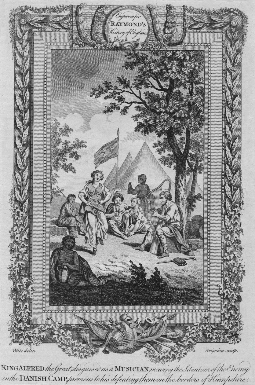 Koning Alfred de Grote, vermomd als muzikant, bekijkt de situatie van de vijand, ca. 1787 door Unbekannt