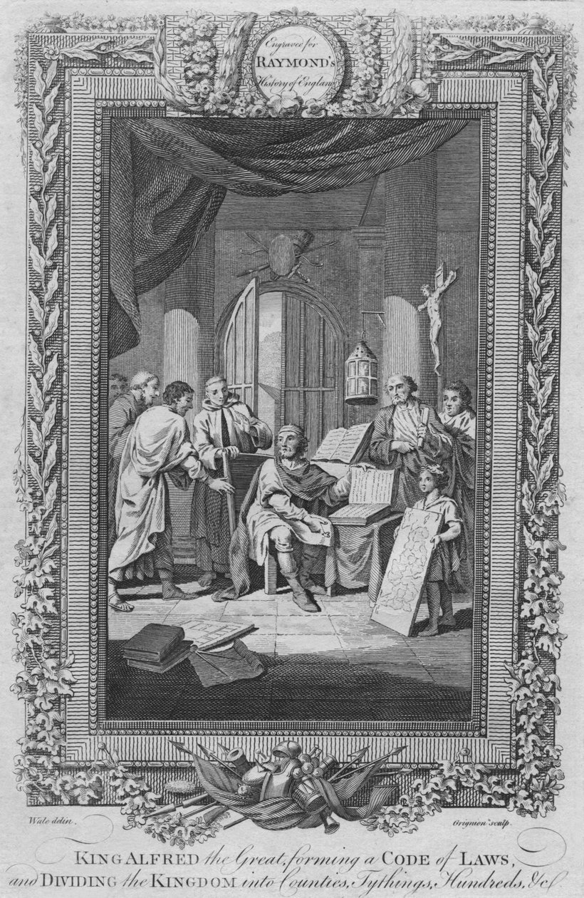 Koning Alfred de Grote, vormt een wetboek en verdeelt het koninkrijk in graafschappen, ca. 1787 door Unbekannt