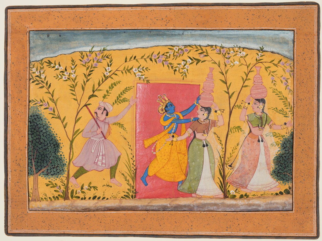 Krishna heft tol van de melkmeisjes, uit een Bhagavata Purana, ca. 1600 door Unbekannt