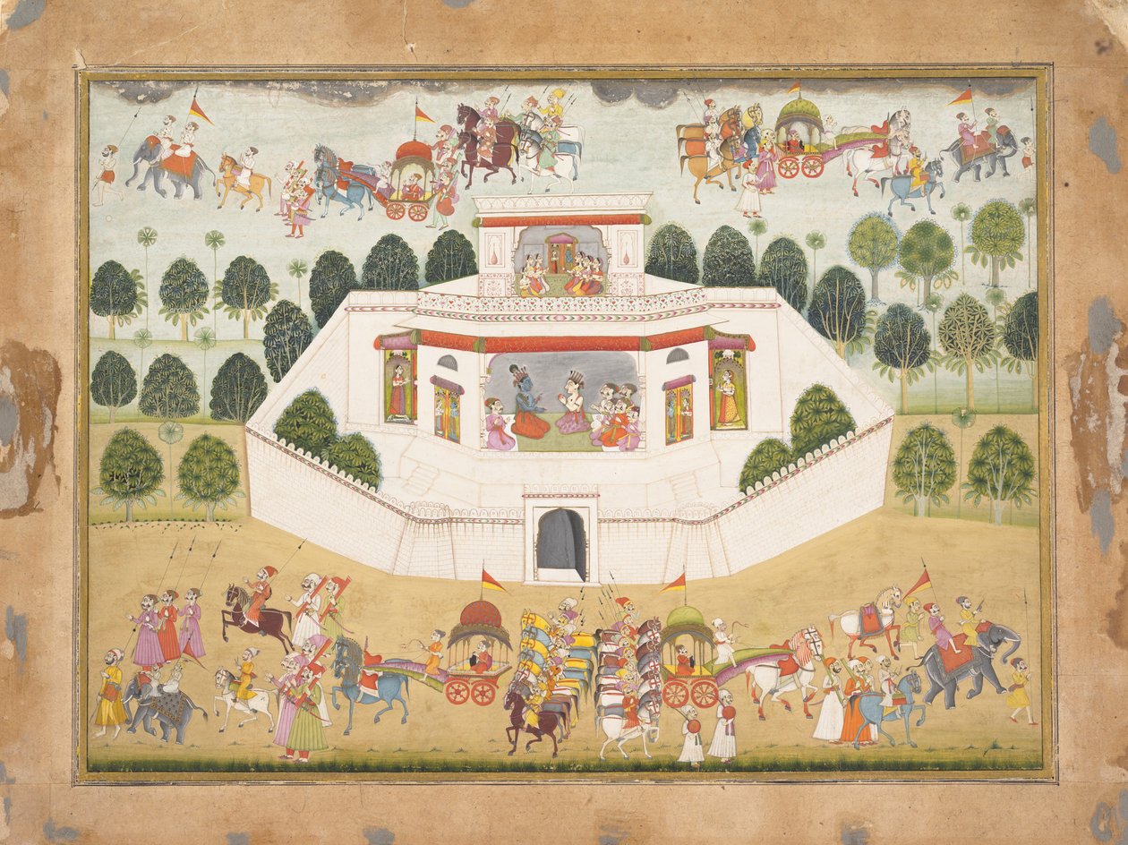 Krishna en Balarama binnen een ommuurd paleis: Pagina uit een verspreide Bhagavata Purana..., ca. 1700 door Unbekannt
