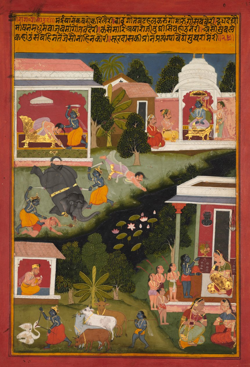 Krishna als de Vernietiger van Demonen, pagina uit Surdass Sursagar, ca. 1700 door Unbekannt