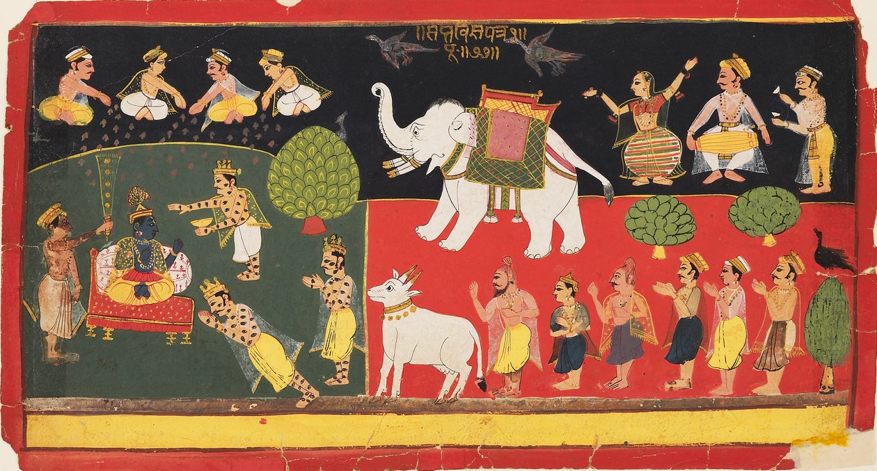Krishna vereerd door Indra die aankomt op een witte olifant, ca. 1720 door Unbekannt