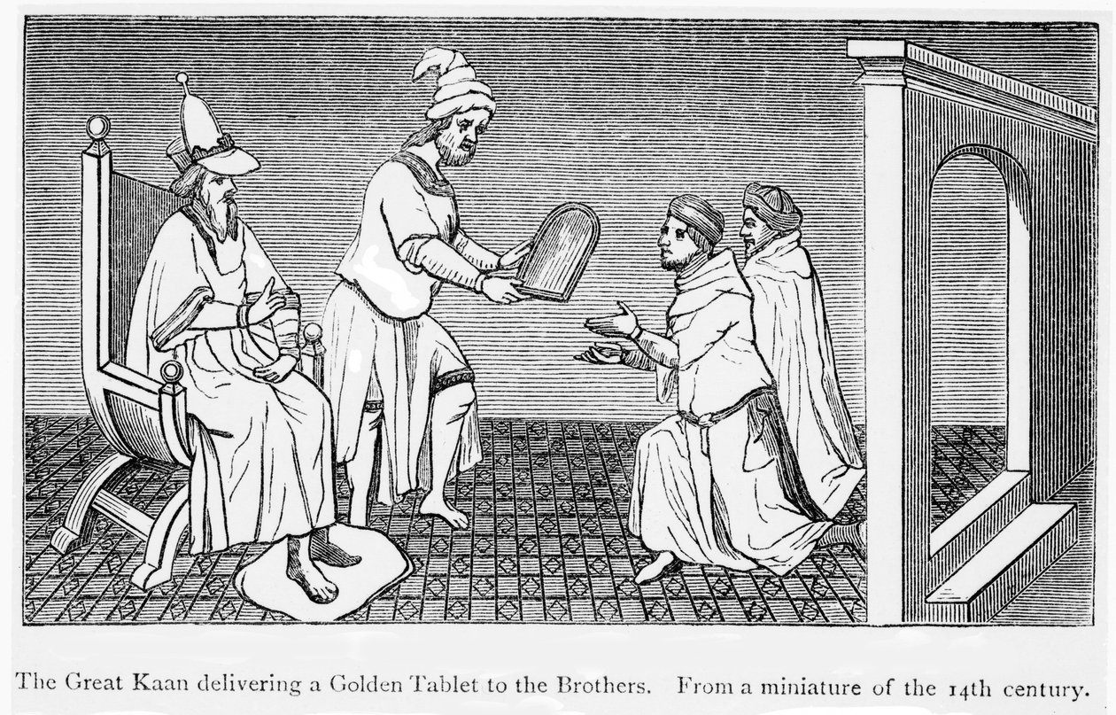 Kublai Khan geeft een gouden tablet die veilige doorgang garandeert aan Niccolo en Maffeo Polo door Unbekannt