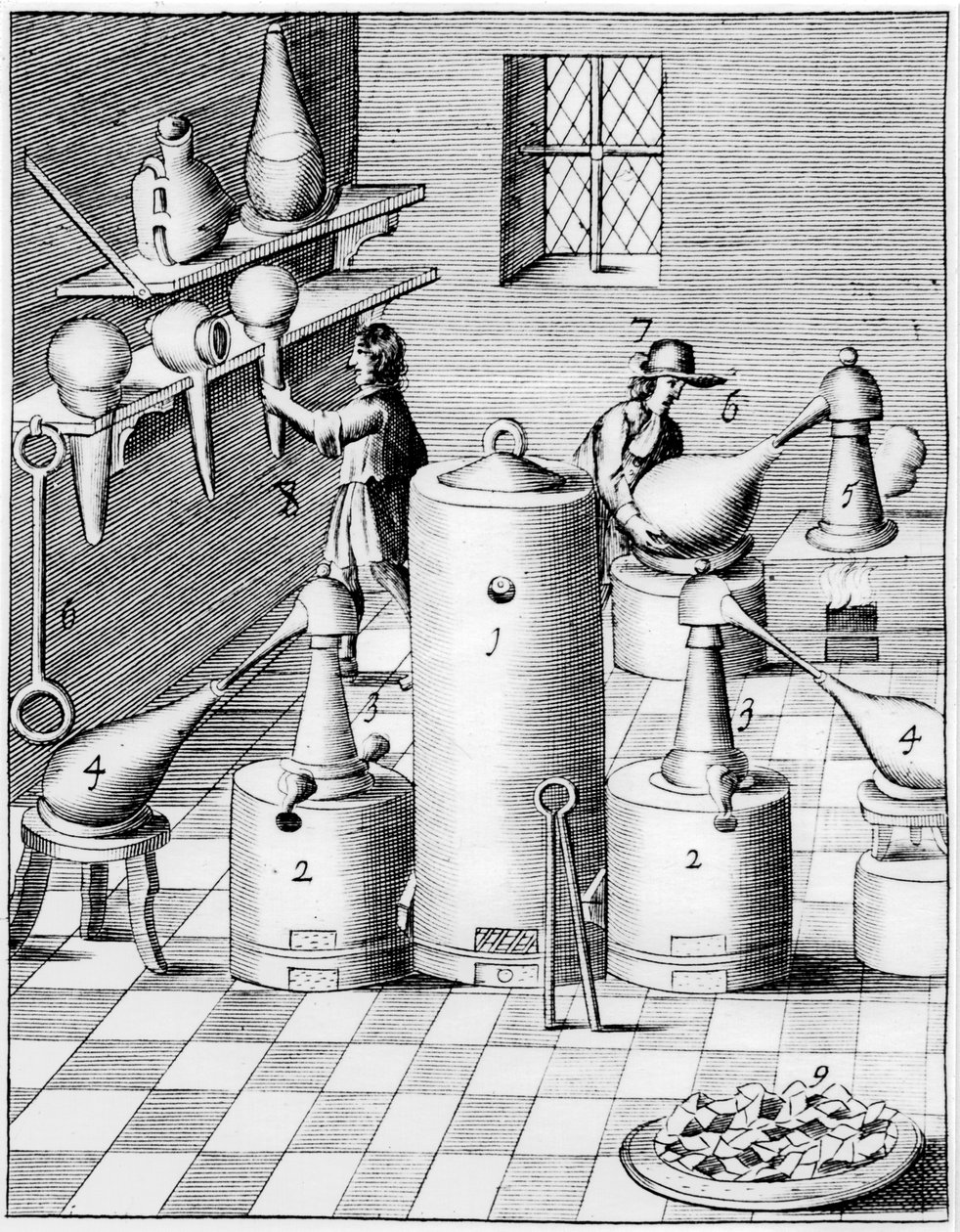 Laboratorium voor het raffineren van goud en zilver, met typisch laboratoriumapparatuur, 1683 door Unbekannt