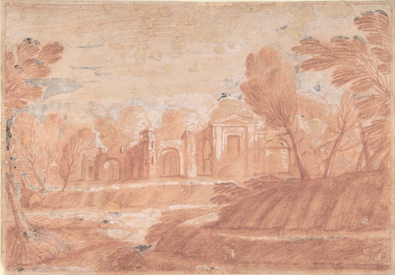 Landschap met architectonische structuur door Unbekannt