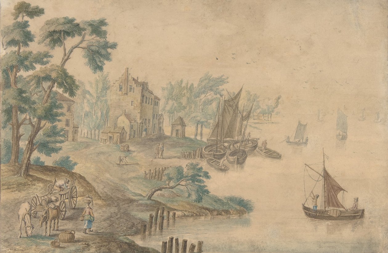 Landschap met Paarden en Karren en een Rivier aan de Rechterkant, 18e eeuw door Unbekannt