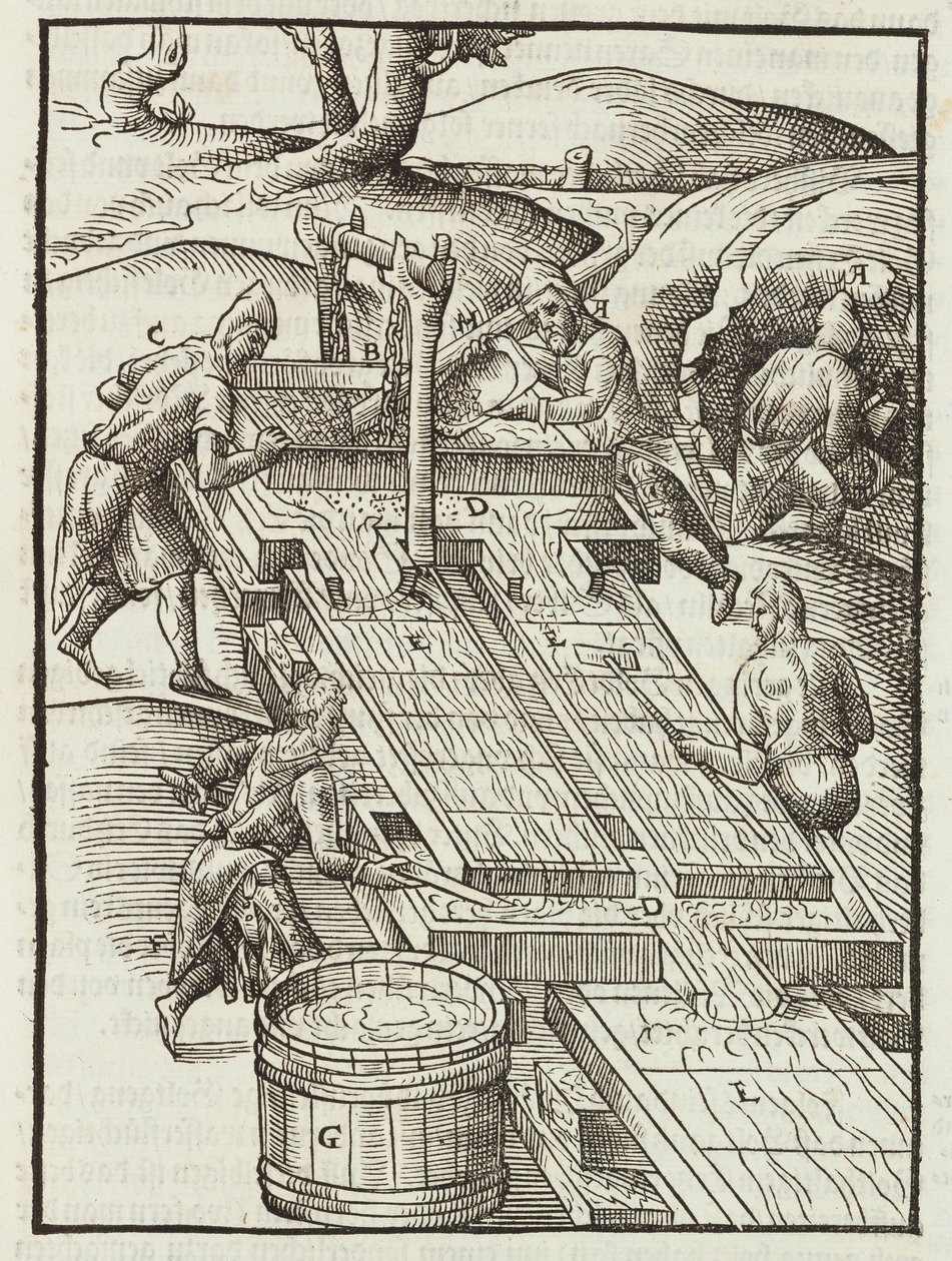 Wassen van gouderts in houten bakken gevuld met water - Gravure uit Description des minerais et des principales methodes d