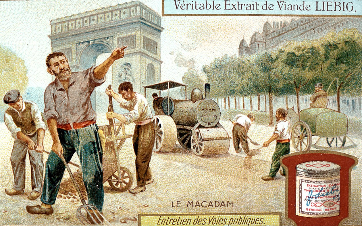 Aanleggen van een macadamweg en het verdichten ervan met een stoomwals, Parijs, ca. 1900 door Unbekannt
