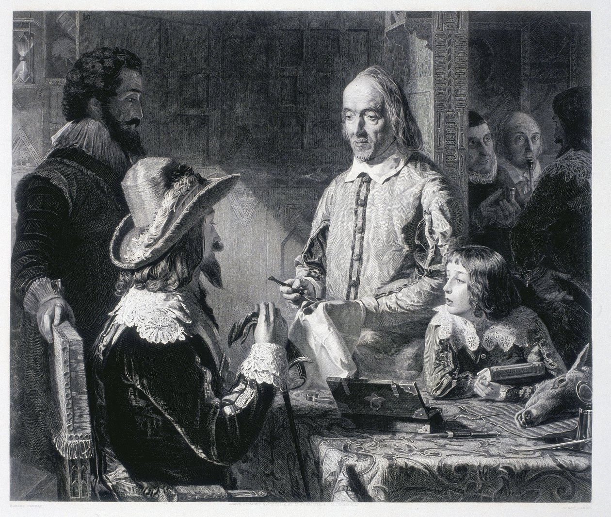 De Engelse arts William Harvey (1578-1637) toont koning Karel I Stuart van Engeland (1600-1649) de theorie van de bloedsomloop door Unbekannt