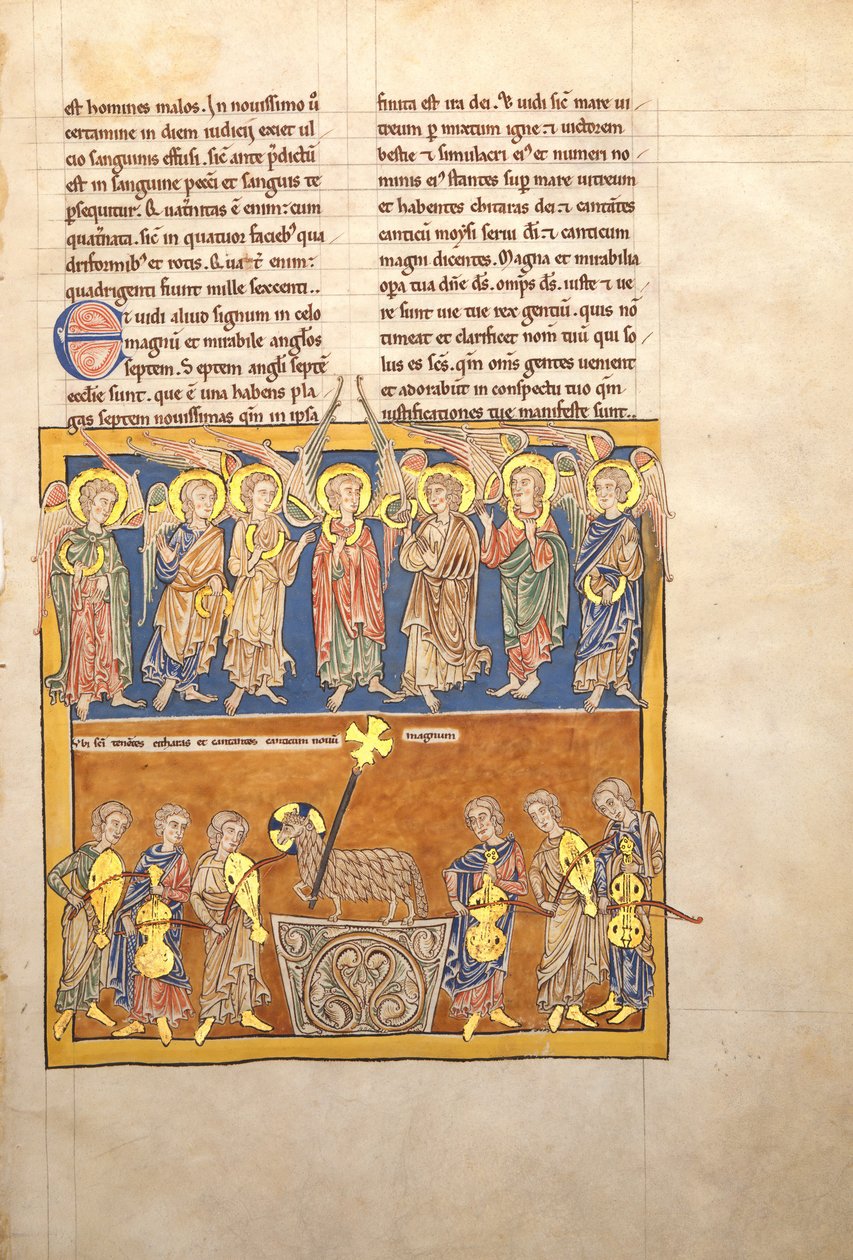 Blad uit een Beatus-manuscript: zeven engelen houden de bekers van de zeven laatste plagen, ca. 1180 door Unbekannt