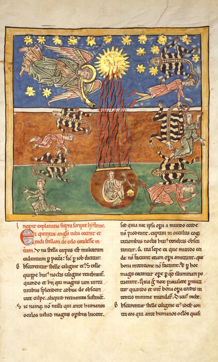 Blad uit een Beatus-manuscript: bij de klaroen van de vijfde engelentrompet door Unbekannt