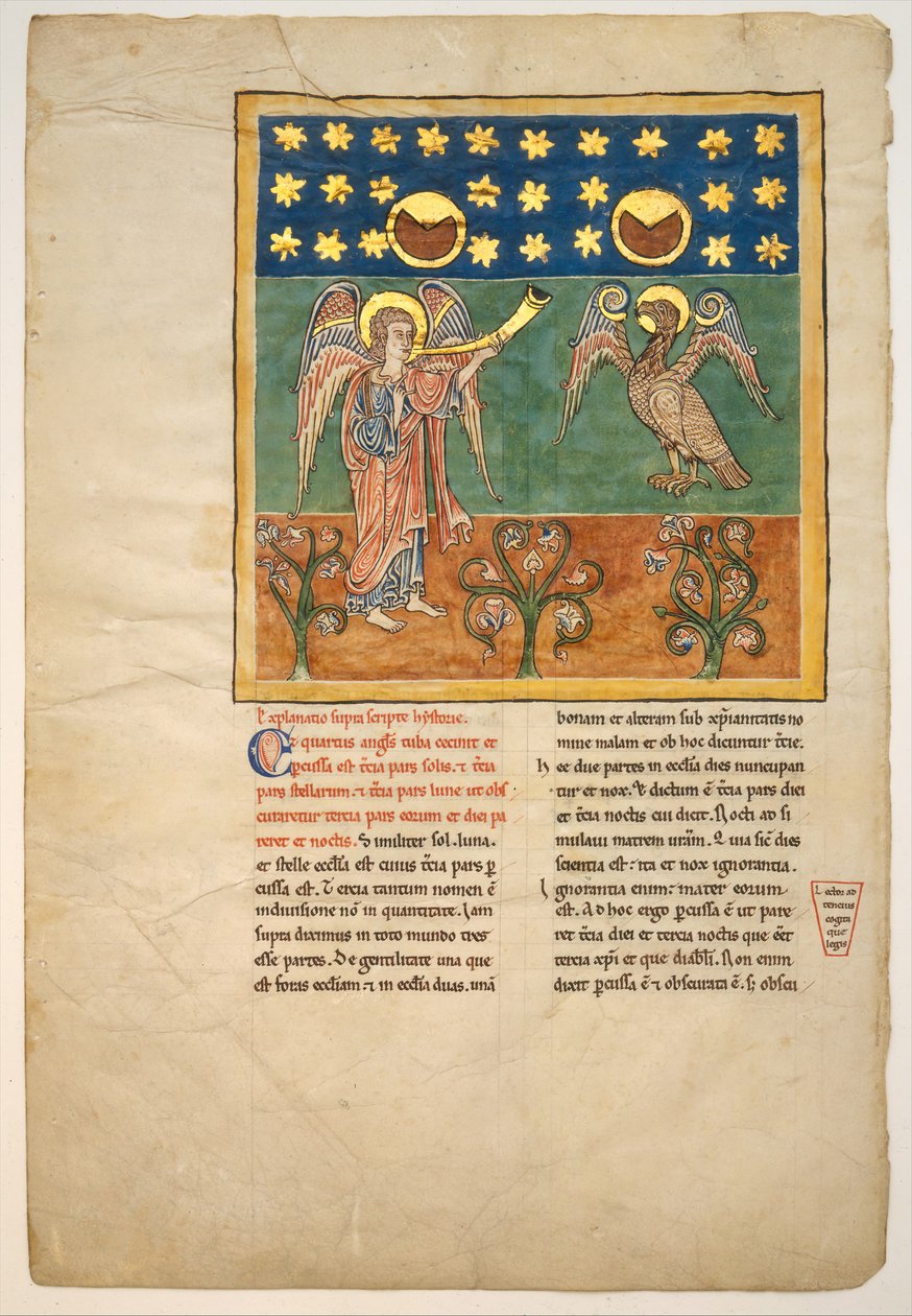 Blad uit een Beatus-manuscript: de vierde engel blaast op de trompet en een adelaar..., ca. 1180 door Unbekannt