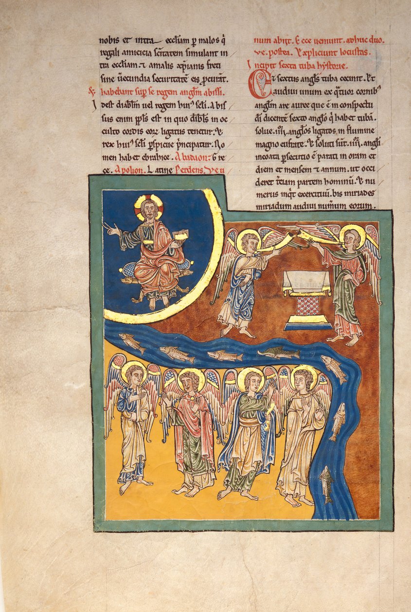 Blad uit een Beatus-manuscript: de zesde engel levert de vier engelen..., ca. 1180 door Unbekannt
