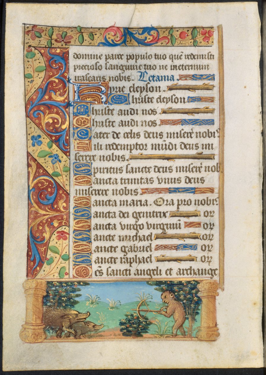 Blad uit een getijdenboek: Aap jaagt op wilde zwijnen recto en aap vist verso, ca. 1500-1510 door Unbekannt