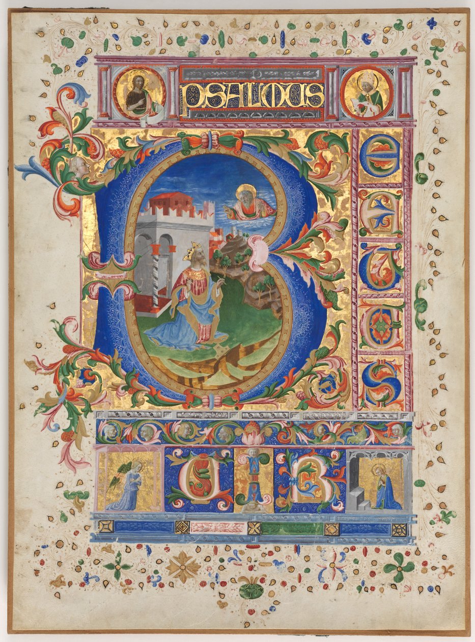 Blad uit een Psalter met Geïllustreerde Initiaal B: Koning David, ca. 1450 door Unbekannt