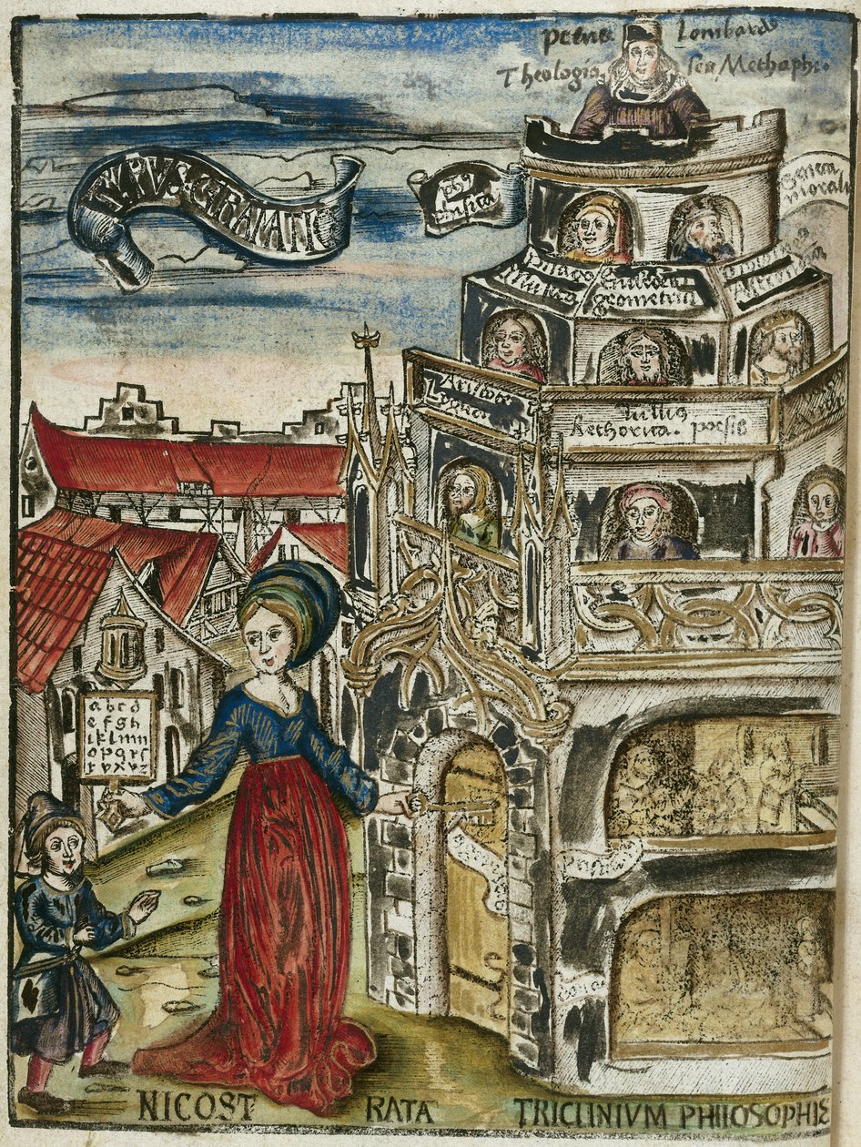 De vrije kunsten, grammatica: Nicostrata (ook wel Carmenta genoemd), met een hornbook, handboek voor onderwijs (hier, een ABC-boek) en een sleutel, die de deur van de toren van leren opent voor een kind door Unbekannt
