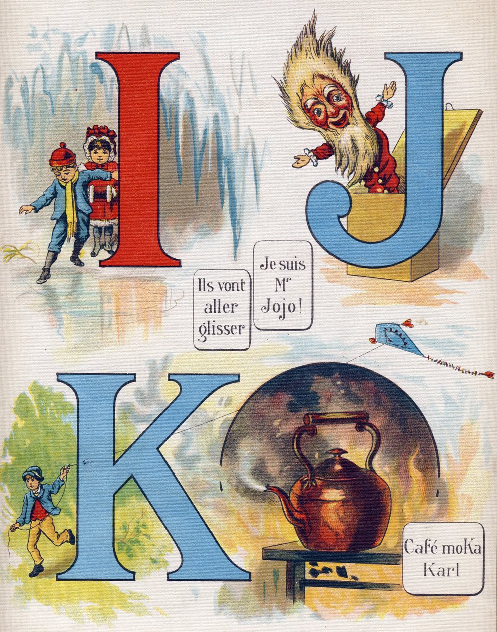 Letter I, J en K: Ze gaan glijden, ik ben meneer Jojo en het café Moka Karl. Gravure in "ABC L