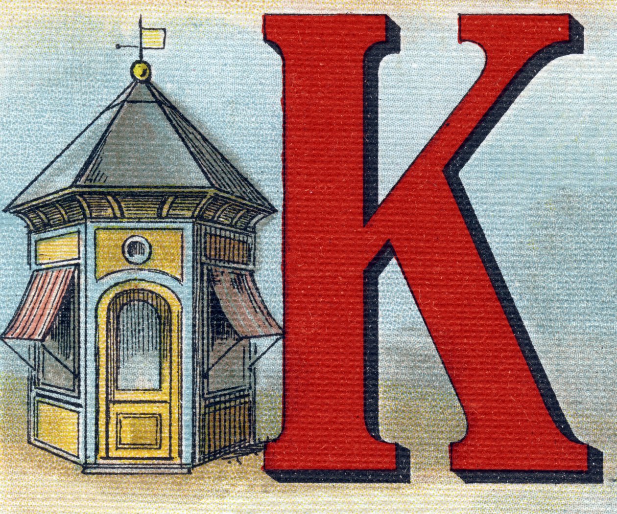 Letter K: kiosk. Gravure in "Alphabet de ma petite fille". Bernardin-Bechet en Fils, boekverkopers-uitgevers, Parijs, rond 1895. Onbreekbaar album op canvas. Bibliotheque des Bebes. 12 pagina