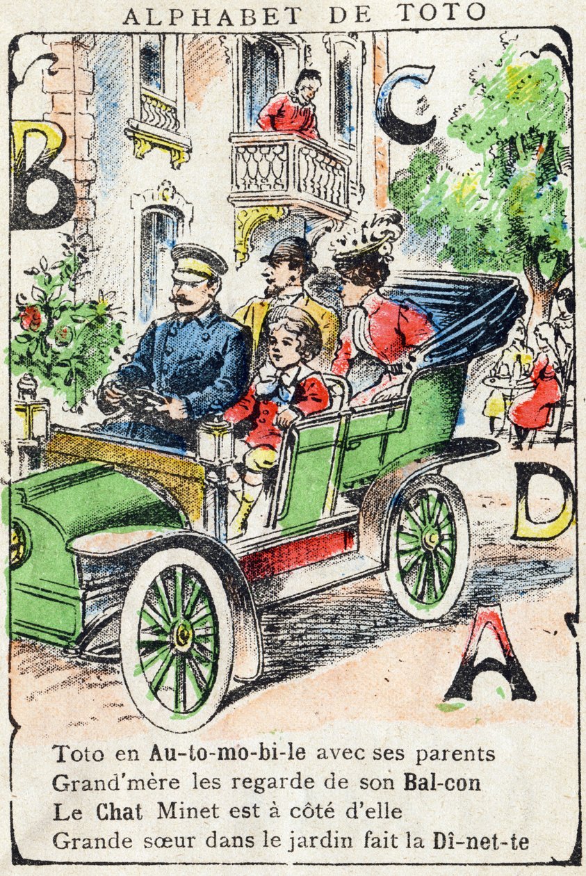 Letters A B C D Auto Balkon Kat Dinette. Gravure in "Alphabet de Toto", eind 19e eeuw. Pont-a-Mousson beeldmateriaal. Louis Vagne, drukker-uitgever. door Unbekannt