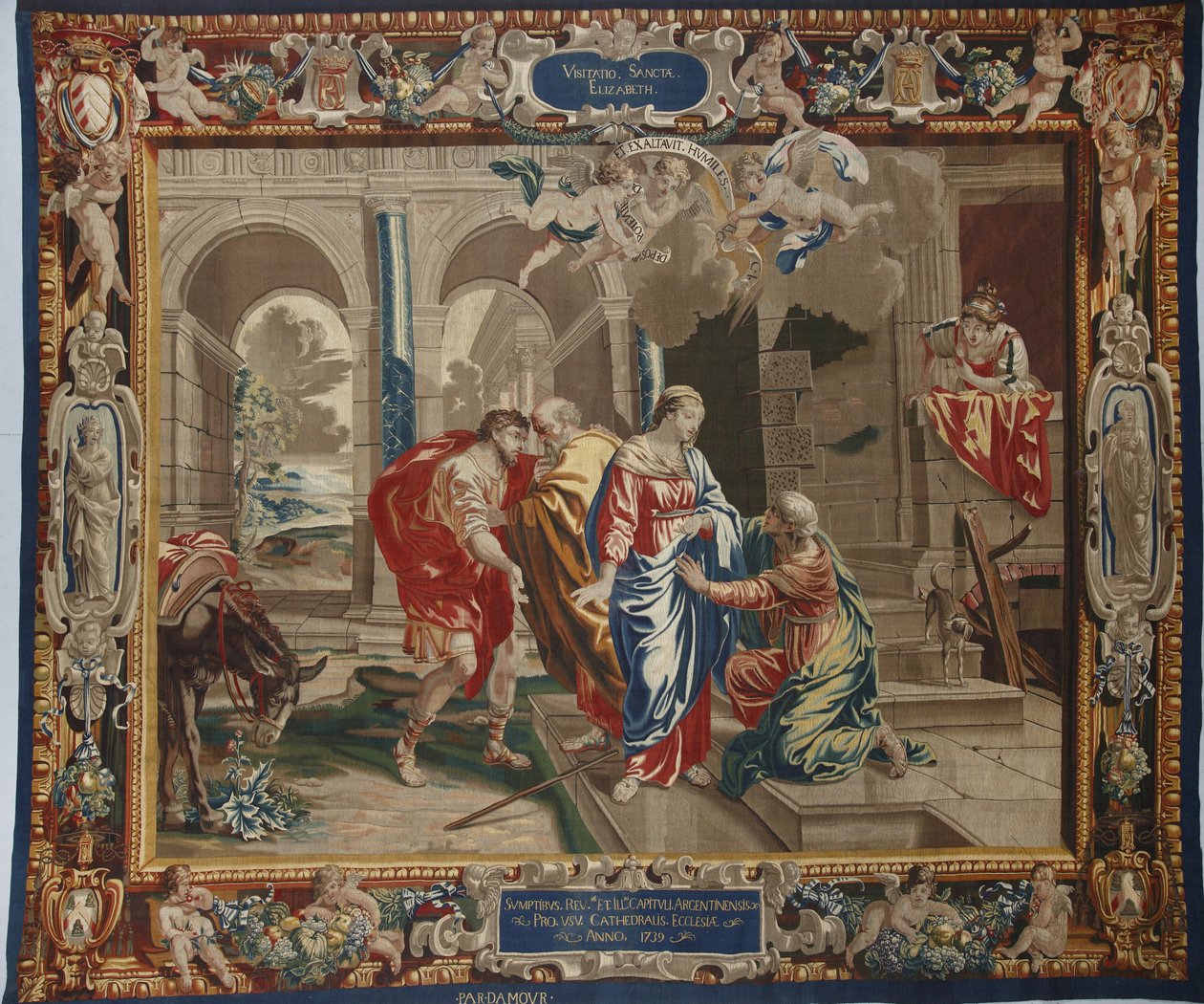 Leven van de Maagd: "De Visitatie" het bezoek van Maria aan Elisabeth, Jozef en Zacharias achter hen - Wol- en zijden tapijt gemaakt in de werkplaats van Pierre Damour naar tekeningen van Charles Poerson (1609-1667) door Unbekannt
