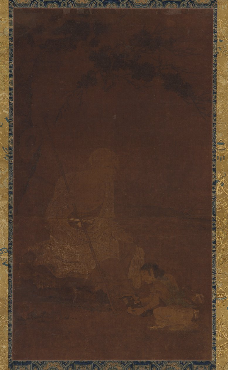 Lohan zittend, een dienaar knielend voor hem, Yuan of Ming-dynastie, 1279-1644 door Unbekannt