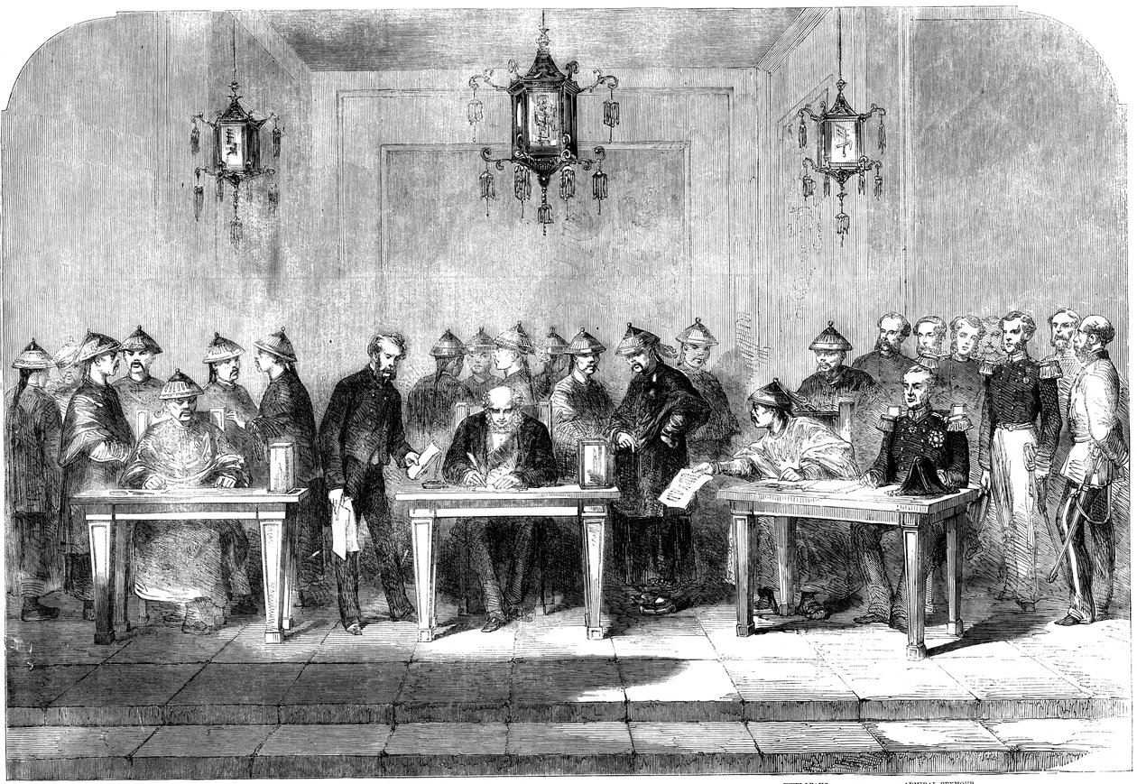 Lord Elgin ondertekent het Verdrag van Tainjin om de Tweede Opiumoorlog te beëindigen, 1858 door Unbekannt
