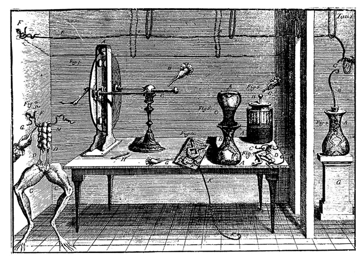 Experimenten van Luigi Galvani met elektriciteit, 1791 door Unbekannt
