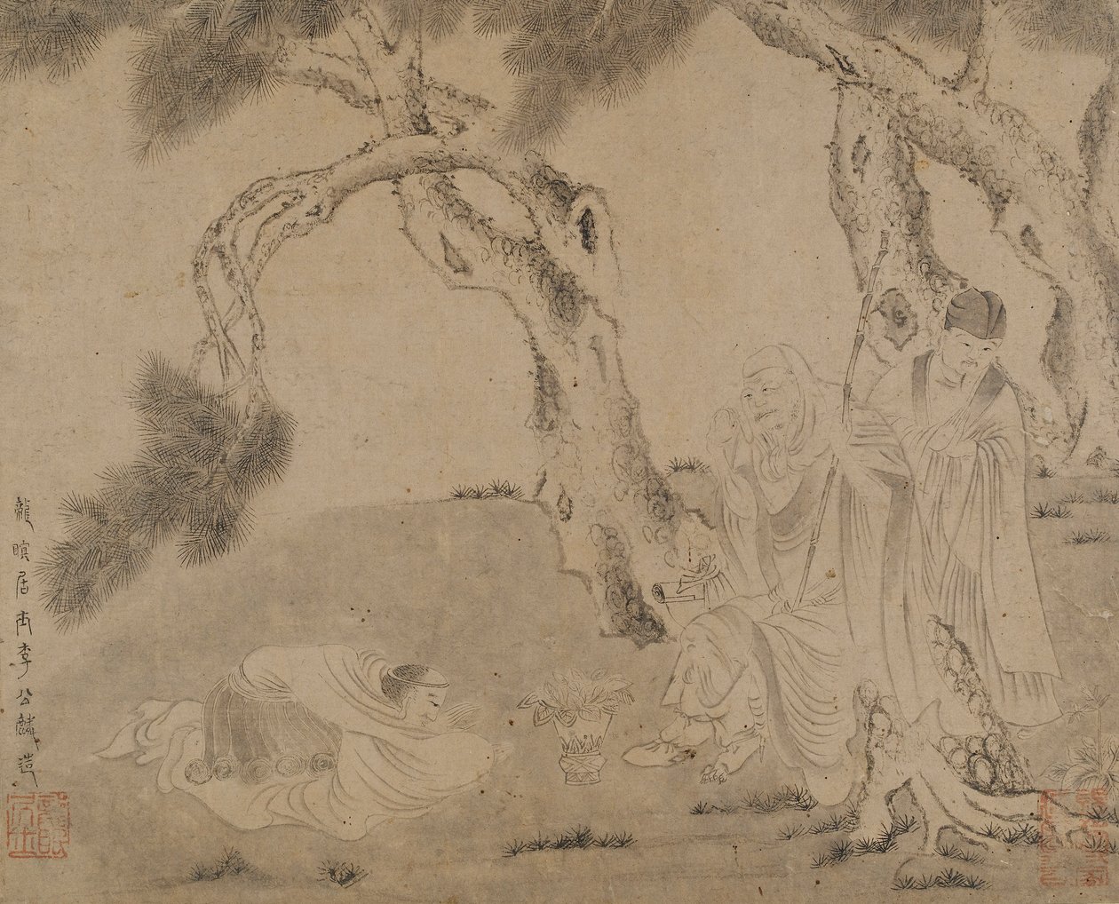 Luohan, bediende en aanbidder onder dennen, Yuan of Ming-dynastie door Unbekannt