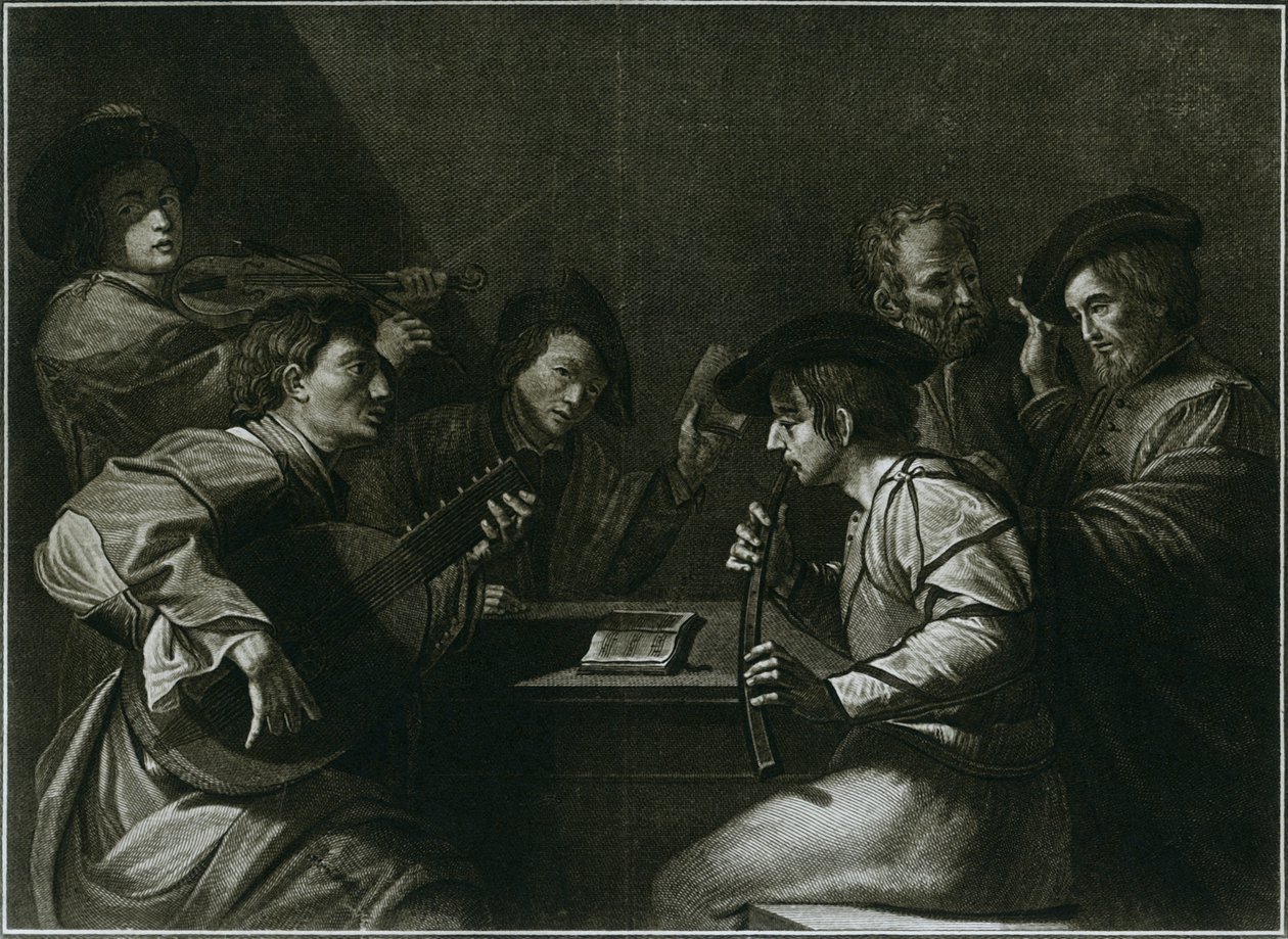Luit, viool en zwarte gebogen zink, Italiaanse gravure uit het jaar 1784 door Unbekannt
